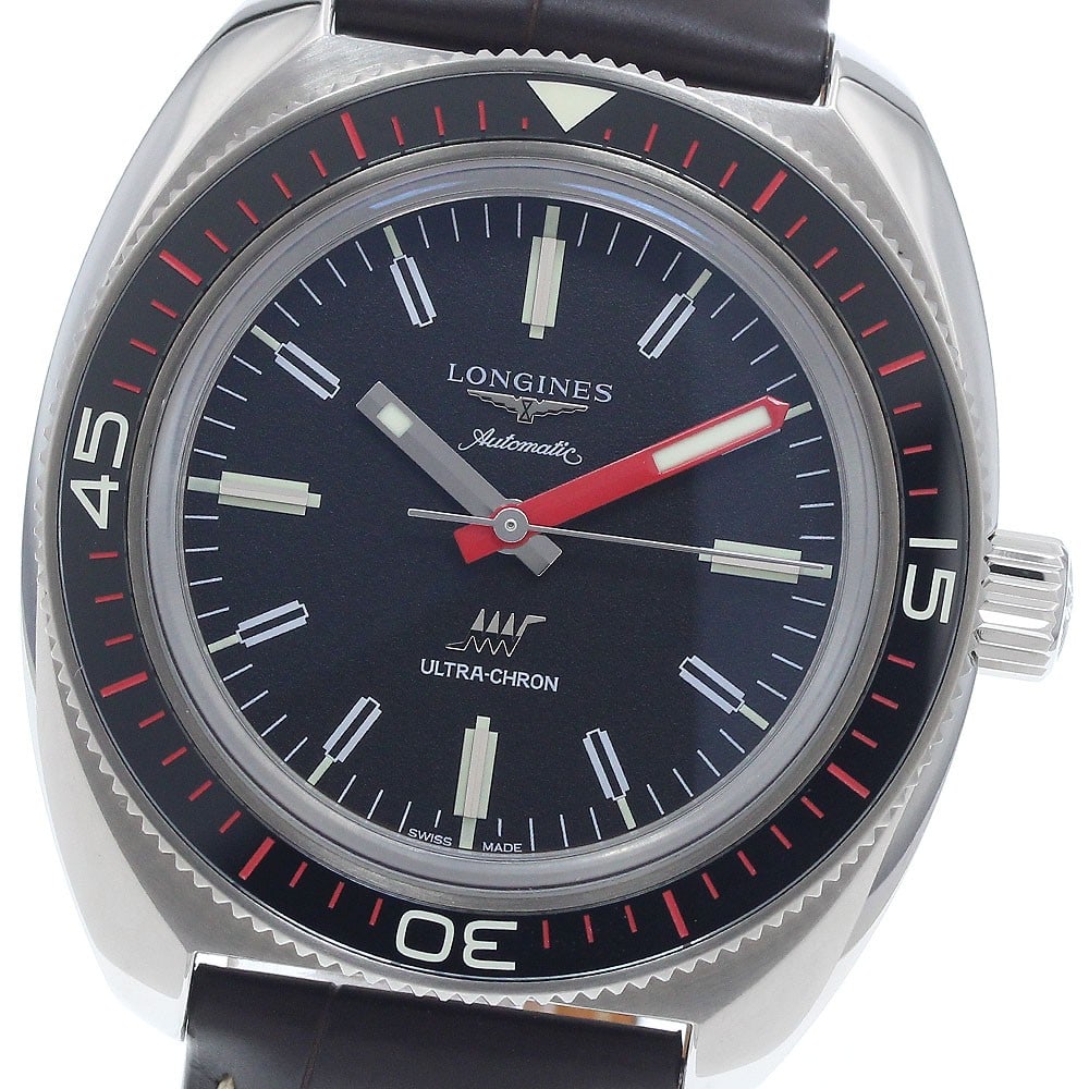 Longines Ultrachron automatic mens wristwatch ref L2.836.4: Longines Ultrachron automatic mens wristwatch ref L2.836.4 Pre-owned Longines Ultrachron automatic men's wristwatch with a black dial, stainless steel case, and leather strap. The watch shows minor sc