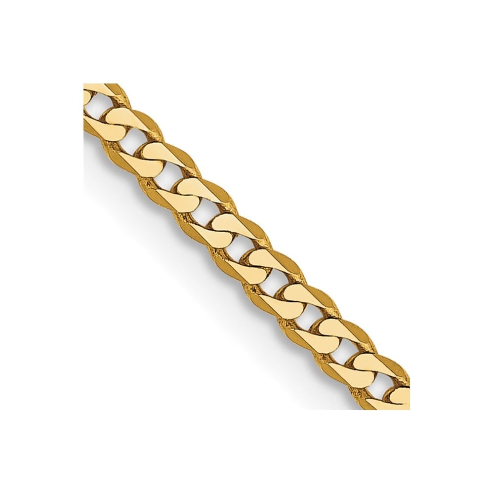 14k 2.2mm Flat Beveled Curb Chain: 14k 2.2mm Flat Beveled Curb Chain 14K 26 inch 2.2mm Flat Beveled Curb with Lobster Clasp Chain Metal: 14k Yellow Gold Weight: 5.68 grams Length: 26" Width: 2.2" This item may take 2-5 weeks for shippi