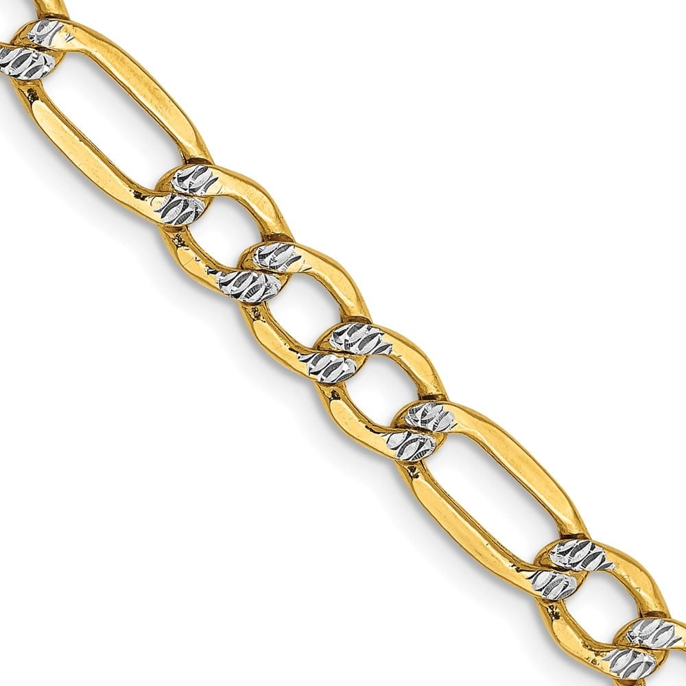 14k 5.25mm Semi-solid with Rhodium Pav? Figaro Chain: 14k 5.25mm Semi-solid with Rhodium Pav? Figaro Chain 14K 18 inch 5.25mm Semi-Solid with Rhodium Pav? Figaro with Lobster Clasp Chain Metal: 14k Yellow & Rhodium Weight: 8.99 grams Length: 18" Width: 5