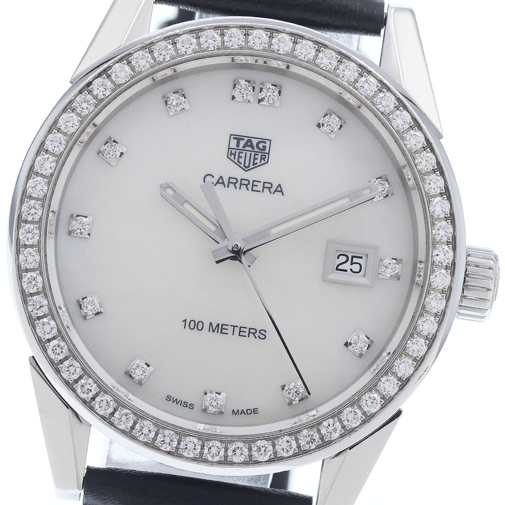 TAG Heuer Carrera WBG1315 Quartz Wristwatch Diamond Bezel Unisex: TAG Heuer Carrera WBG1315 Quartz Wristwatch Diamond Bezel Unisex Pre-owned TAG Heuer Carrera quartz wristwatch with a stainless steel case, white shell dial, and diamond bezel. This unisex model featu