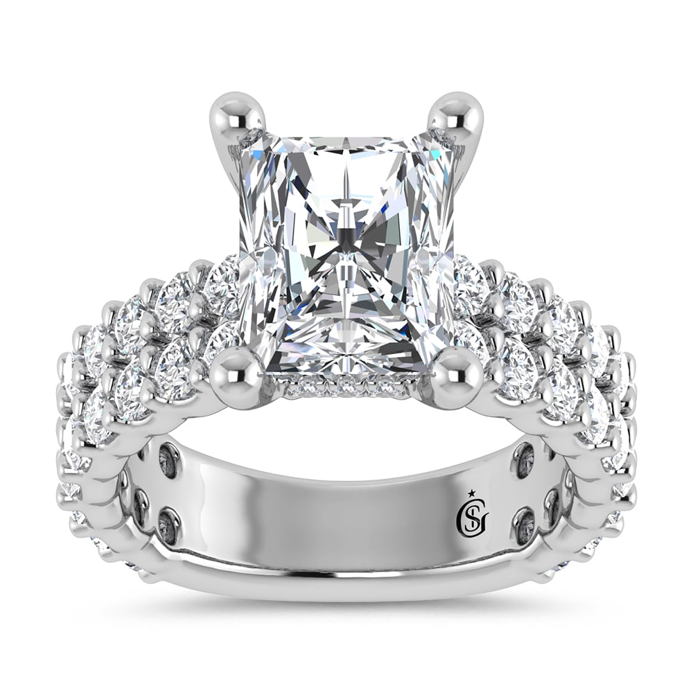 14K White Gold Lab Grown Diamond 5 1/2 Ct.Tw. Double Line Engagement Ring (IGI Certified Center 4ct): 14K White Gold Lab Grown Diamond 5 1/2 Ct.Tw. Double Line Engagement Ring (IGI Certified Center 4ct) This elegant diamond engagement ring crafted in 14k white gold, features a Radiant-cut center stone