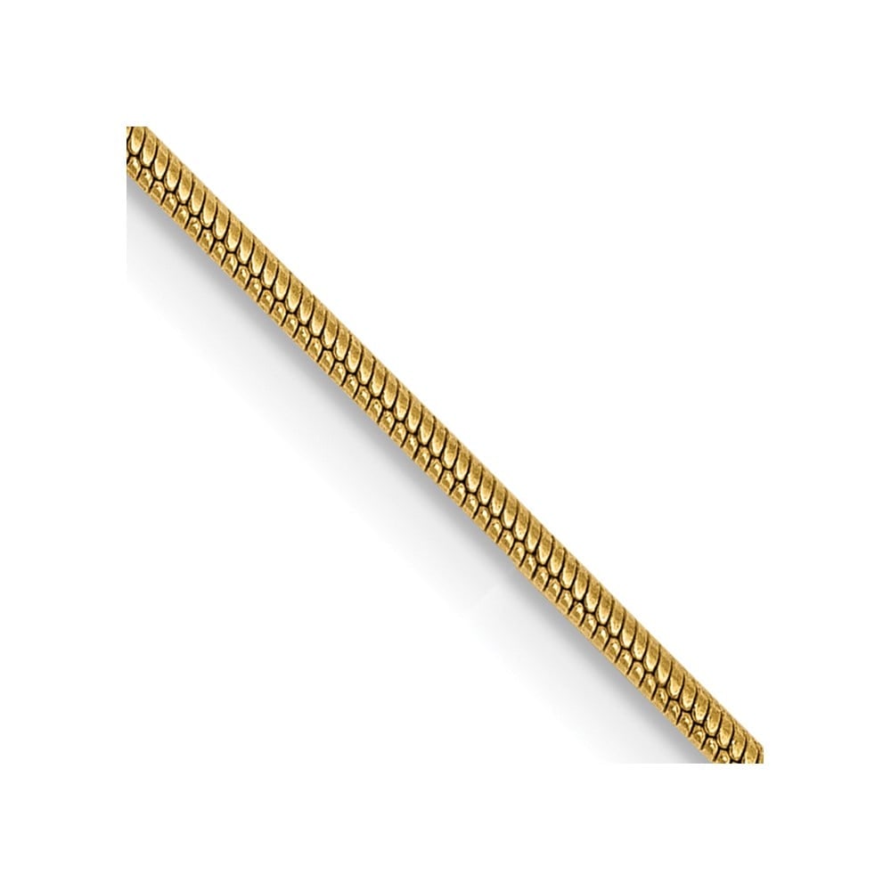 14k .9mm Round Snake Chain: 14k .9mm Round Snake Chain 14K 18 inch .9mm Round Snake with Lobster Clasp Chain Metal: 14k Yellow Gold Weight: 4.05 grams Length: 18" Width: 0.9" This item may take 2-5 weeks for shipping. The Diamon