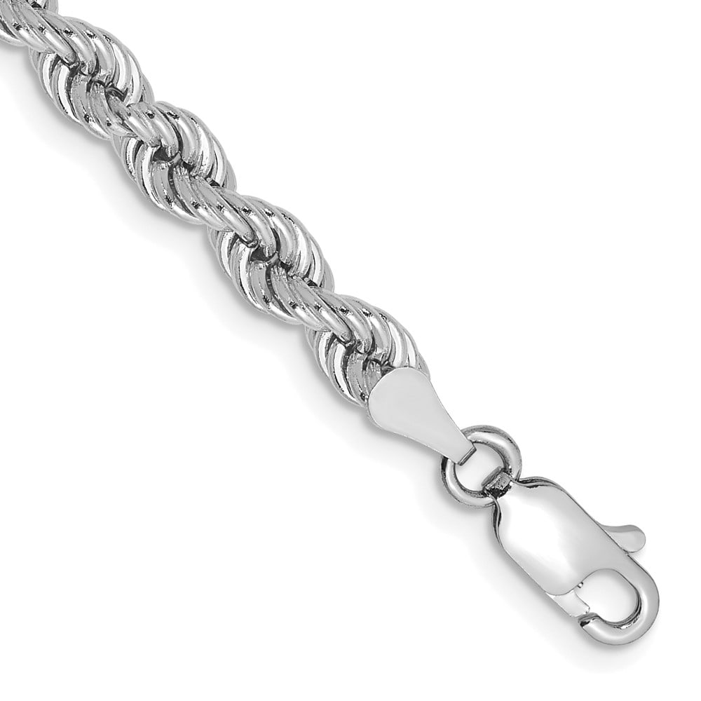 14k White Gold 4.0mm Solid Rope Chain: 14k White Gold 4.0mm Solid Rope Chain 14K White Gold 7 inch 4mm Regular Rope with Lobster Clasp Chain Metal: 14k White Gold Weight: 9.09 grams Length: 7" Width: 4" This item may take 2-5 weeks for shi