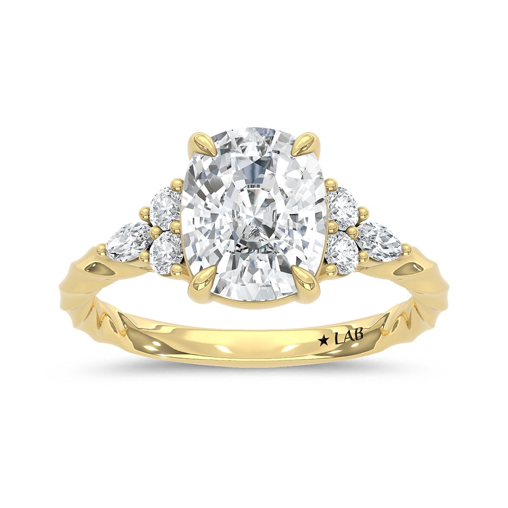 14K Yellow Gold Lab Grown Diamond 3 1/3 Ct.Tw. Cushion Cut Engagement Ring (Center 3 CT): 14K Yellow Gold Lab Grown Diamond 3 1/3 Ct.Tw. Cushion Cut Engagement Ring (Center 3 CT) Warm and romantic, this cushion cut engagement ring is designed in 14K Yellow Gold with 3 1/3 Ct. TW of lab gro