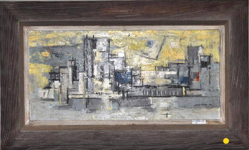 Lamar Dodd, "City" Abstract Cityscape O/C: Lamar Dodd (American, 1907-1986), "City" abstract cityscape oil on canvas, signed and dated lower right 'Lamar Dodd '52". Paper label verso identifying this work as the 1st prize winner, 7th Southeast