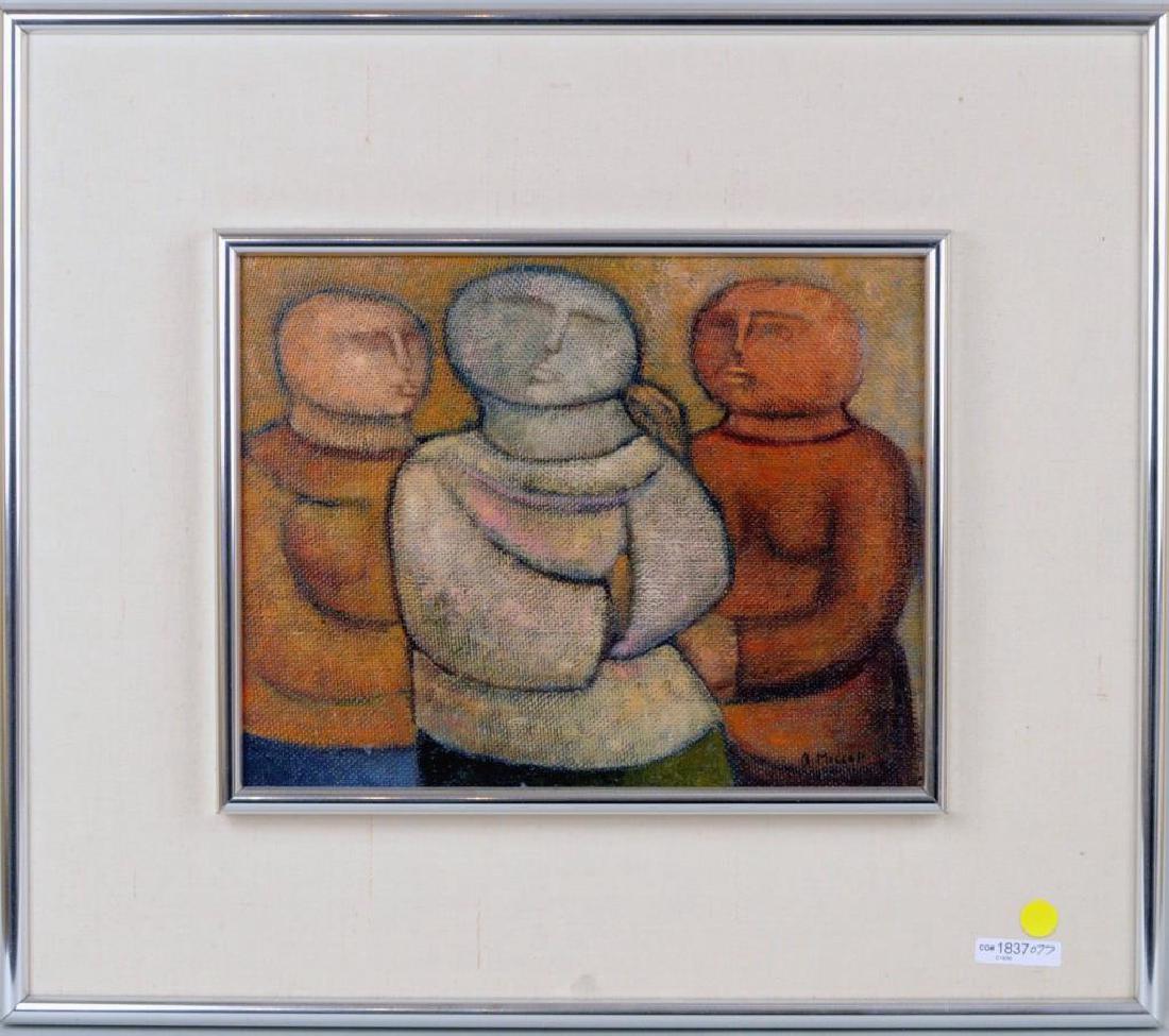 Arnaldo Miccoli, "3 Figures" Oil on Masonite: Arnaldo Miccoli (Italian, 20th century), "3 Figures" oil on masonite, signed lower right "A. Miccoli". Frame size: 20 3/4" high, 23 3/4" wide.
