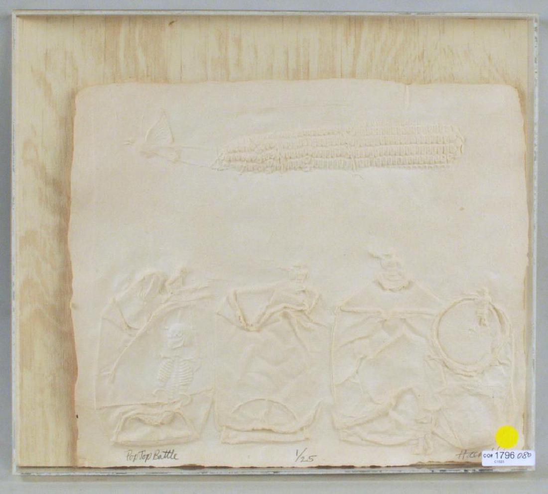 Bill Haendel, "Pop Top Battle" Paper Relief: Bill Haendel (American, b. 1926), "Pop Top Battle" handmade paper relief titled, numbered, signed lower border "1/25". Framed, not examined out of frame. Frame size: 15" high, 17" wide.