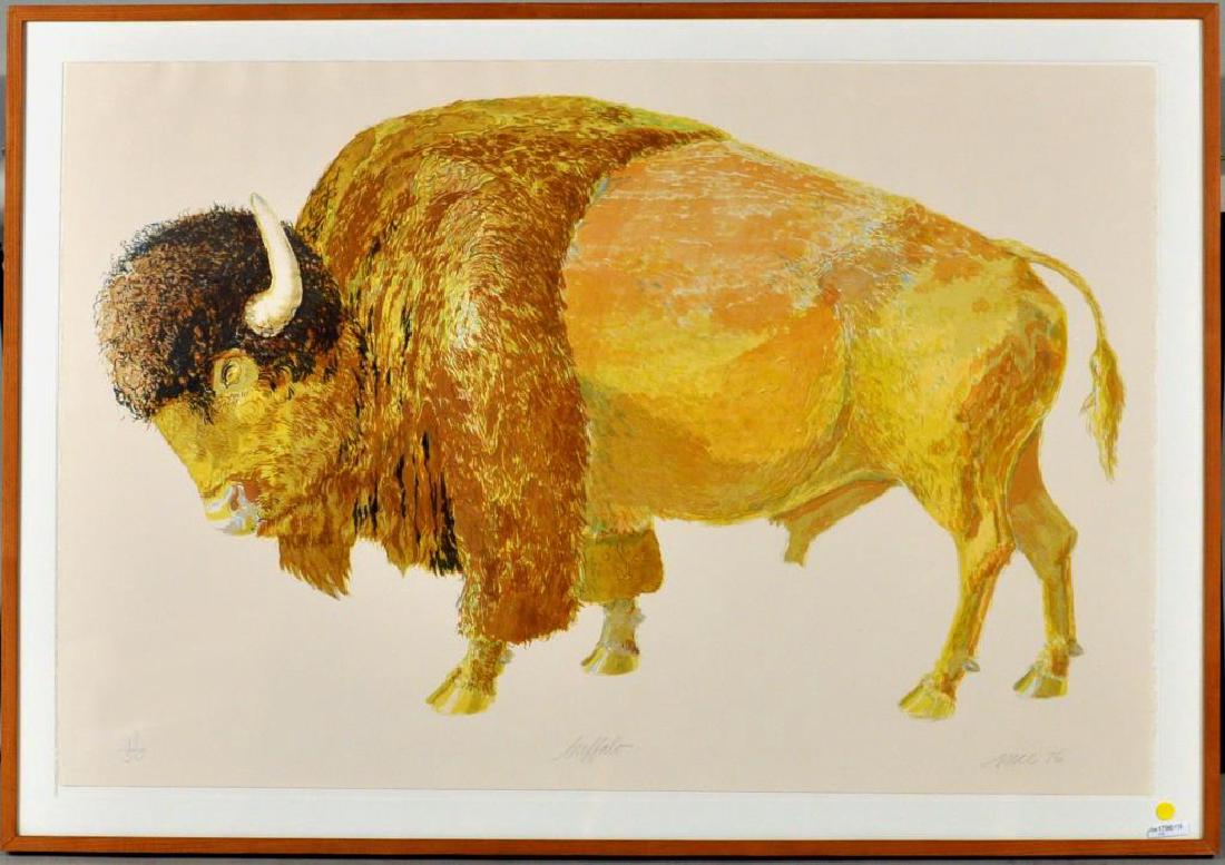 Don Nice, "Buffalo" Framed Lithograph: Don Nice (American, b. 1932), "Buffalo" framed lithograph, numbered "11/50", signed, dated " '76" in pencil lower border. Framed, not examined out of frame. Frame size: 37 1/4" high, 53 1/4" wide.