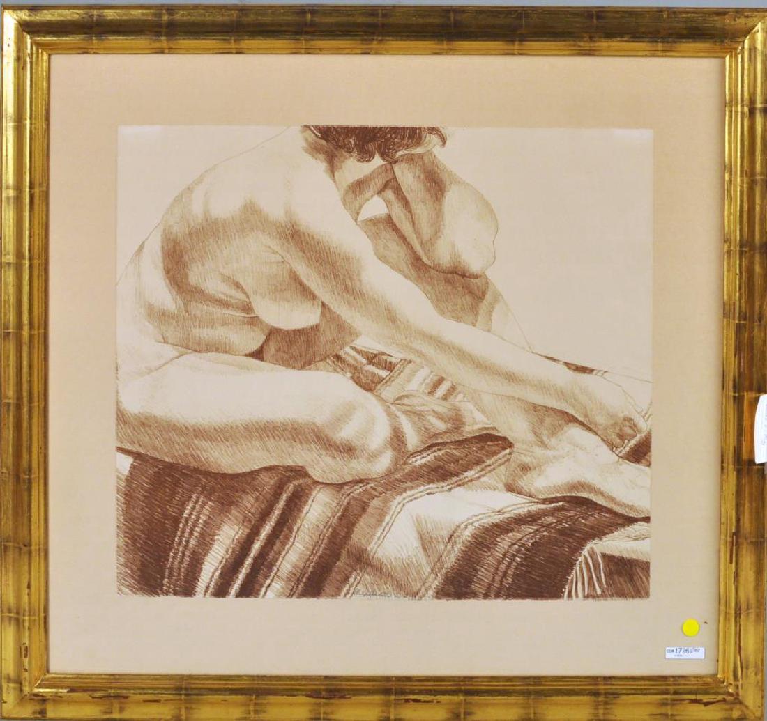 Philip Pearlstein, "Nude On Rug" Framed Lithograph: Philip Pearlstein (American, b. 1924), "Nude on Rug" framed lithograph signed, numbered in pencil lower border "Philip Pearlstein 20/70". Framed, not examined out of frame. Frame size: 32" high, 34 1/