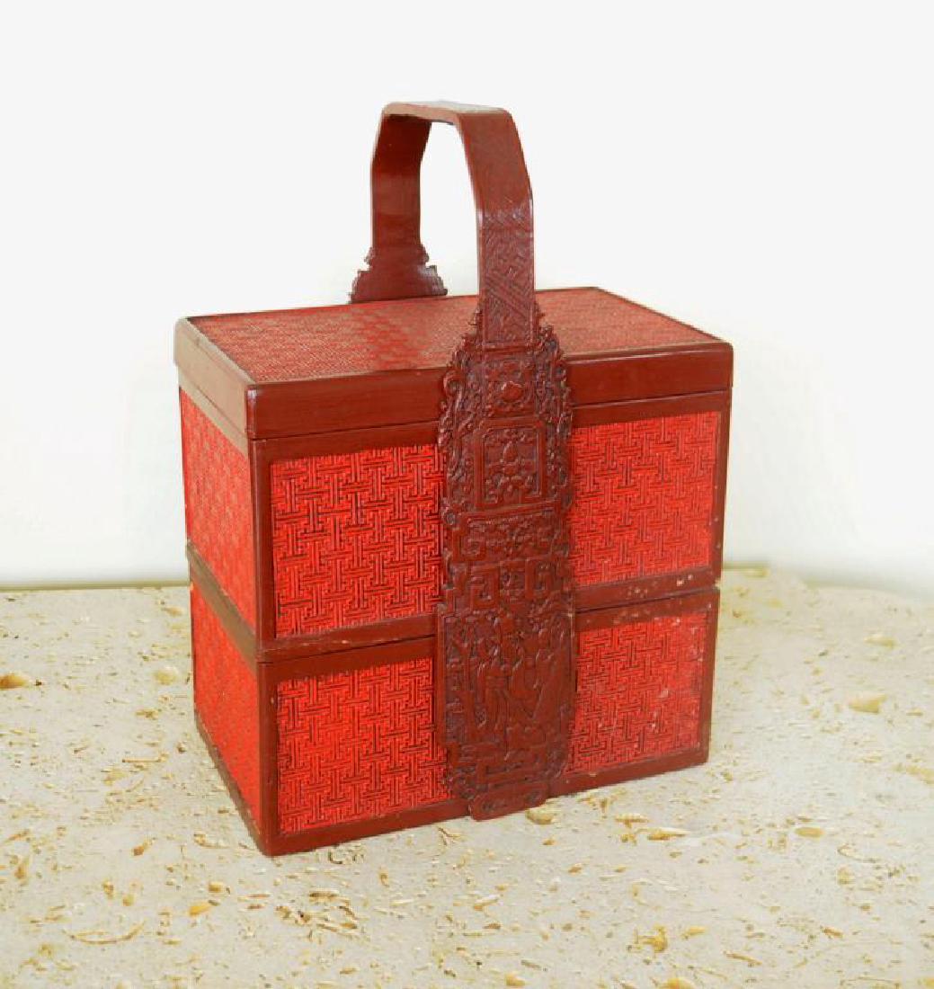 Asian Lacquer Sectional Food Caddy: Asian lacquer sectional food caddy with two compartments. Cracks, minor lacquer loss, soiling. 16 3/4" high, 12" wide.