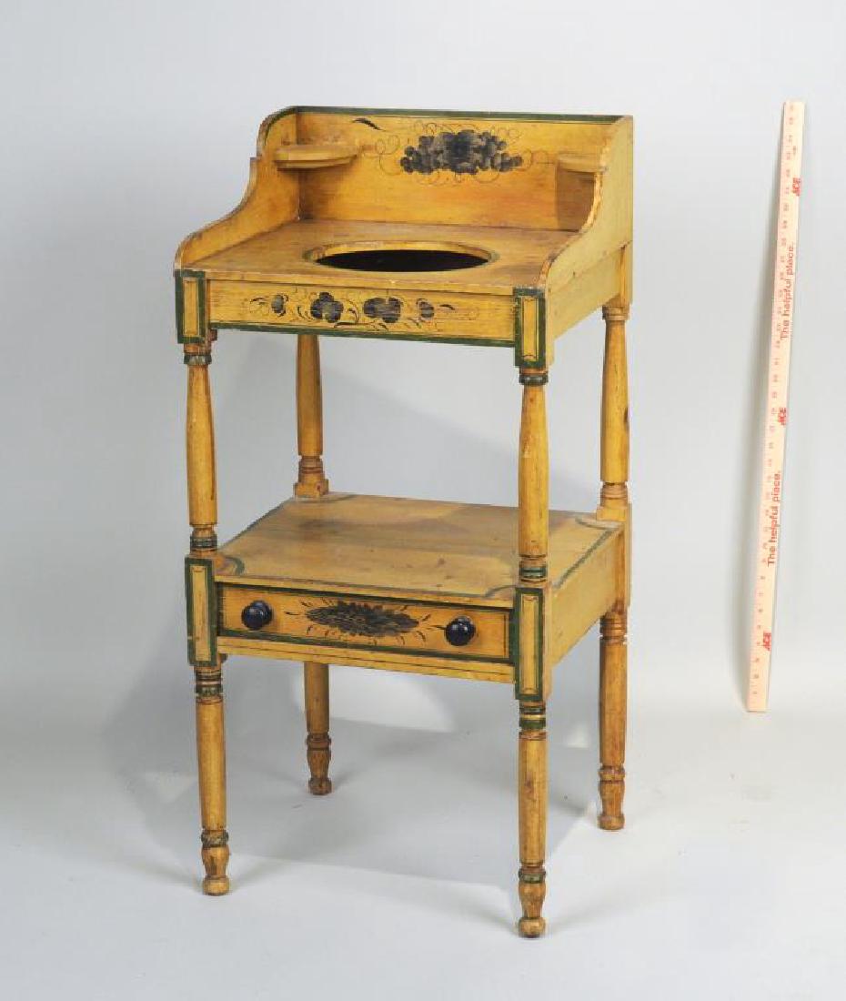New England Yellow Painted Sheraton Wash Stand: New England yellow painted and stenciled Sheraton one drawer wash stand, some wear to paint, expected age and use wear, 38" high, 18" wide, 17" deep. Provenance: Property of a Woodbury CT Collector.