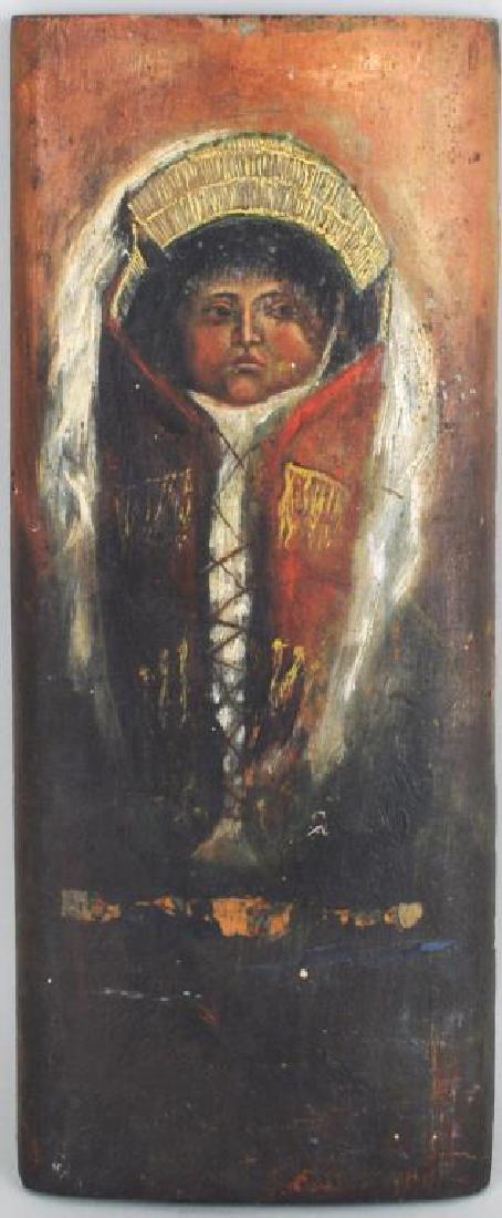 Manner Grace Carpenter Hudson NA Carved Board: Manner of Grace Carpenter Hudson oil on panel of a Native American child in cradleboard. Initialed lower right "CF" and in ink verso 1908-1909, with some losses, 13" high, 5 1/4" wide. Provenance: Pro