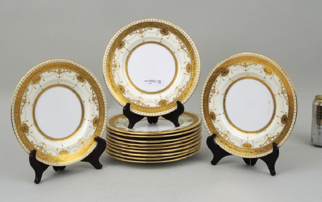 Set Twelve Tiffany Minton Porcelain Plates: Set of twelve Minton porcelain plates made for Tiffany & Co., 9" diameter. Provenance: From a New Haven estate.