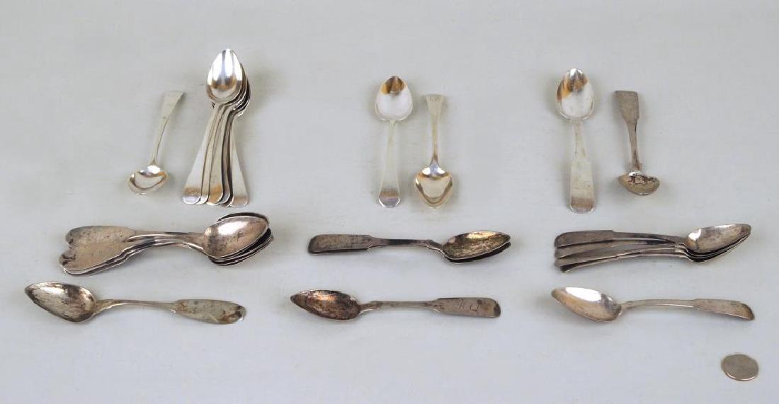 Group Coin Silver Teaspoons: Group of coin silver teaspoons, monogrammed, comprising six marked "Moulton", eight marked "O D Seymour", five marked "Baldwin & Jones", three marked "Brown Kirby", two marked "JL", two marked "B C Fr