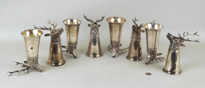 Group Eight German Sterling Tiffany "Stag" Cups: Group of eight German sterling silver "stag" stirrup cups, retailed by Tiffany & Co., comprising three 7 1/2" high, 3 3/4" cup diameter and stamped "Tiffany" and "Germany" and "925" with hallmarks, an