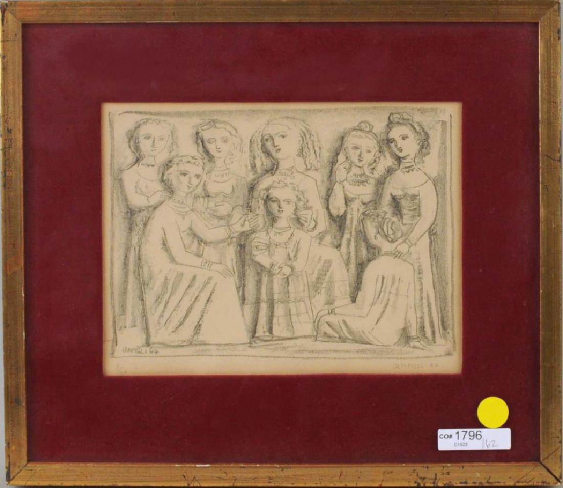 Massimo Campigli, "Women" Lithograph: Massimo Campigli (Italian, 1895-1971), "Women" lithograph numbered, signed, dated in pencil lower border "8/20 '44". Galleria D'Arte Del Cavallino Label "No. 2135" verso. Framed, not examined out of f