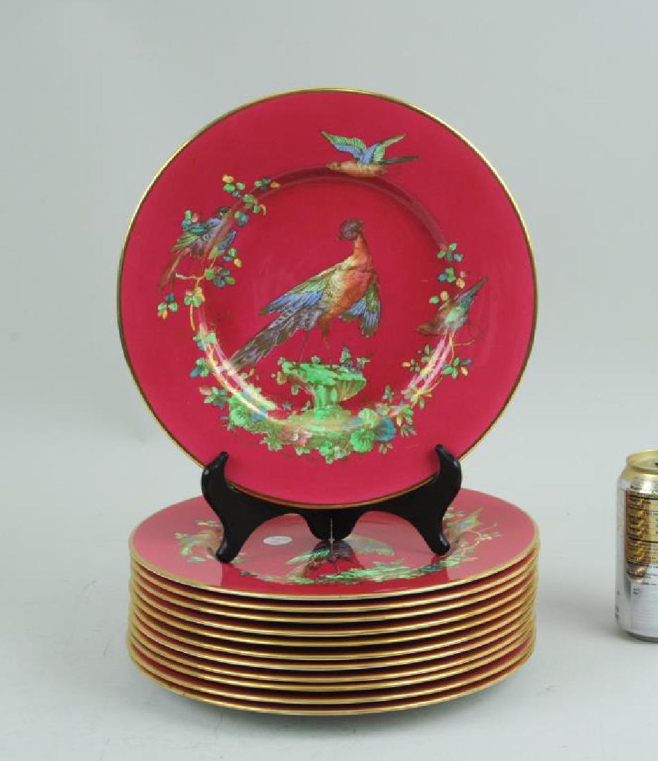 Set 12 Copeland Spode Magenta Bird Dinner Plates: Set of twelve Copeland Spode porcelain magenta bird decorated dinner plates with gilt rims. Light scratches. 10 1/2" diameter. Provenance: From a New Haven estate.