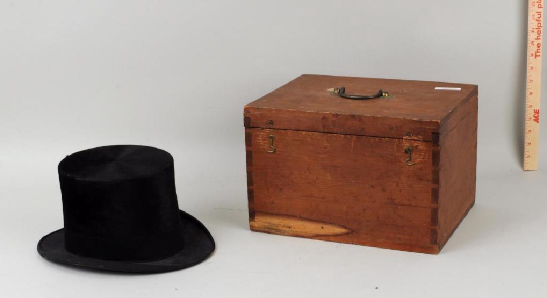 Boxed Vintage Top Hat: Knox Co. New York for the WB Davis Co. Cleveland in a contemporary pine box. Wear and loss to hat, wear to box as shown. 9" high, 13" wide, 10 1/2" deep. Provenance: Estate of Richard Jablonski, South