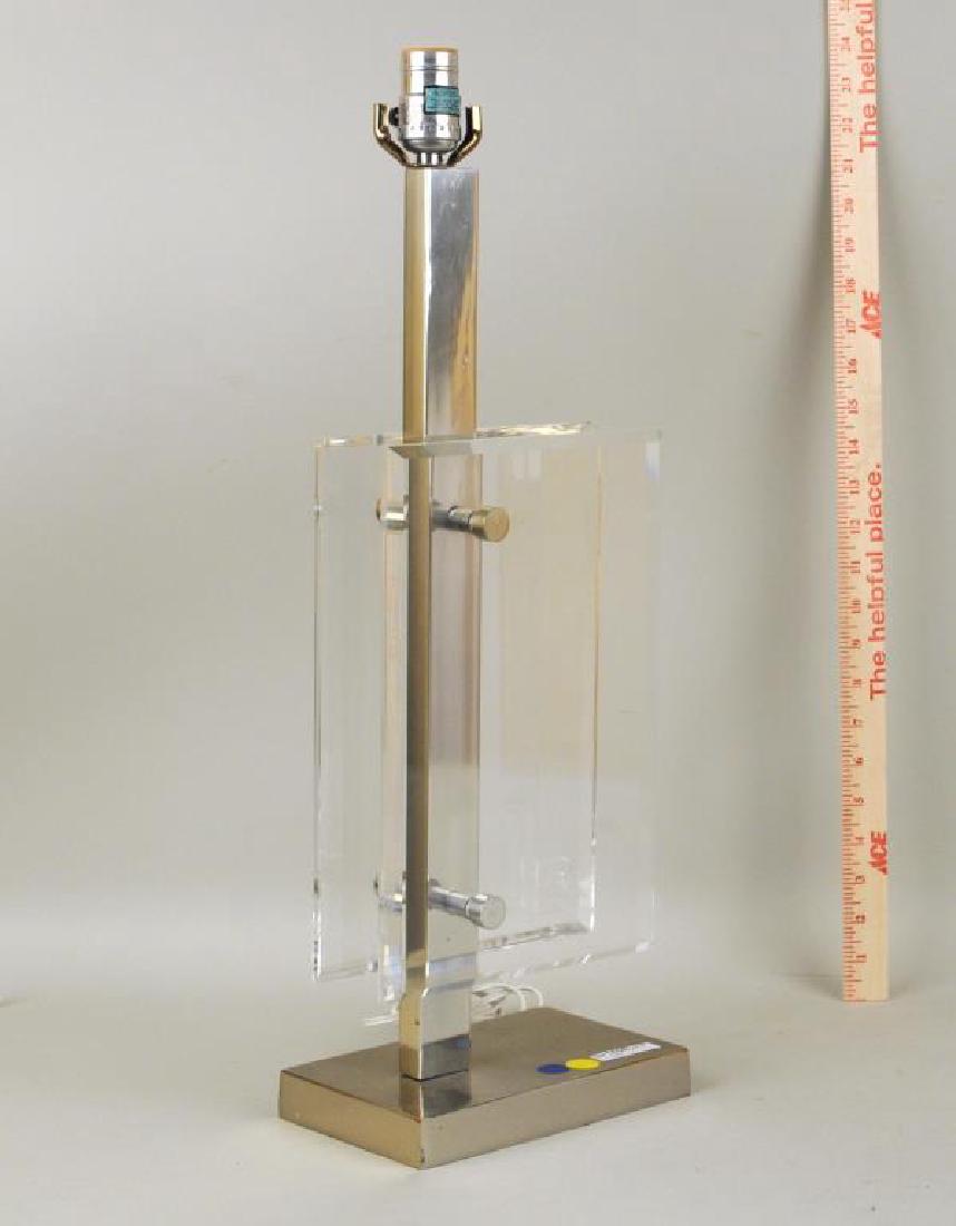 Laurel Modernist Lucite & Chrome Table Lamp: Modern lucite and chrome table lamp by Laurel Lighting, with parallel sheets of lucite on a chrome plated base with vertical standard. Some pitting and oxidation to chrome, loose where standard meets 