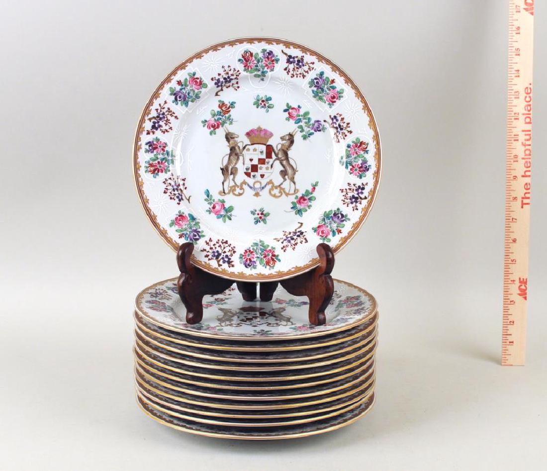 Set 12 Samson Porcelain Armorial Plates: Set of twelve Samson porcelain armorial plates with raised enamel detail, gilt borders. 10 1/2" diameter. Provenance: From a New Haven estate.