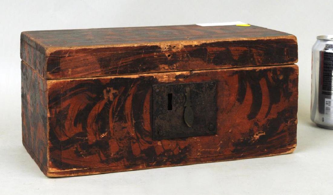 American Grain Painted Document Box: American grain painted document box in original red and black paint. Paint wear, loss, scratches, chips, losses, age crack. 5 1/2" high, 12" wide. Provenance: Estate of Richard Jablonski, Southbury CT