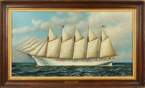 Antonio Jacobsen, "The Schooner St. Johns" O/B: Antonio Jacobsen (American, 1850-1921), "The Schooner St. Johns N.F." oil on board signed lower right "Antonio Jacobsen 1918, 31 Palisade Av. West, Hoboken, N.J." The Schooner St. Johns, a five masted