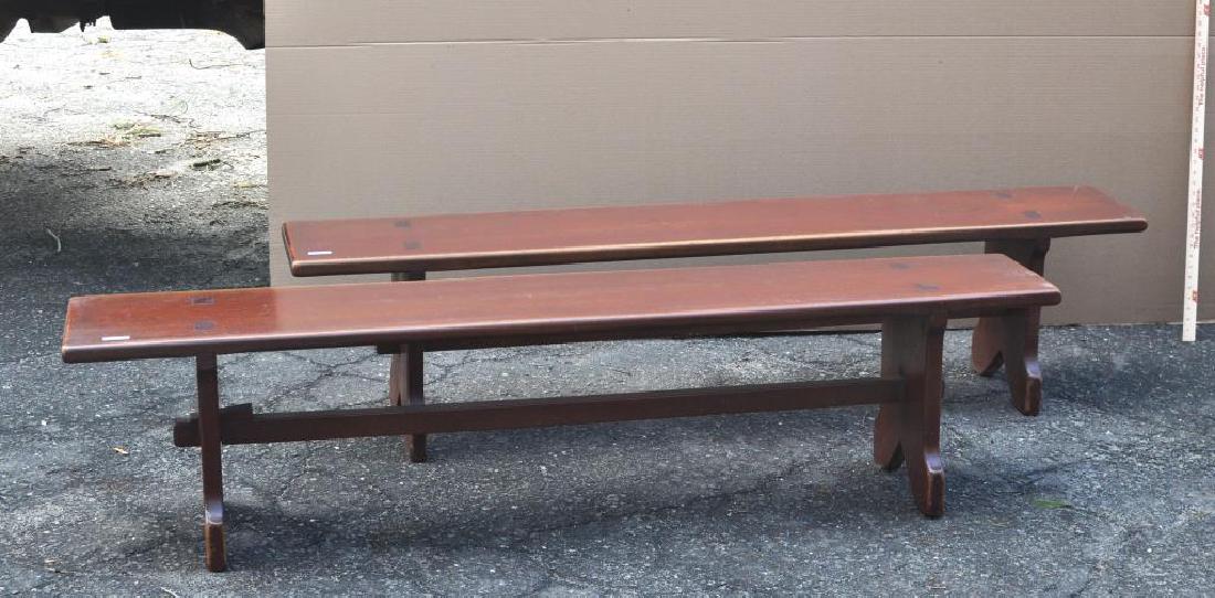Pair Pine Trestle Base Church Type Wooden Benches: Pair trestle base pine church type wooden benches with tenon construction, estate condition, with expected age and use wear. 72" long, 27" high, 12" deep. Provenance: From a New Haven estate.