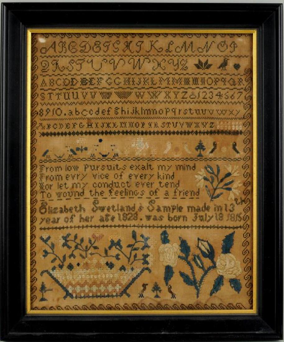 Framed Needlework Sampler, Elizabeth Swetland: Framed needlework sampler, Elizabeth Swetland. Worked with alphabet, adage, birds, and flowers. Dated 1828. Small losses to top corners, water stained lower right. Not examined out of frame. 17 1/2" h