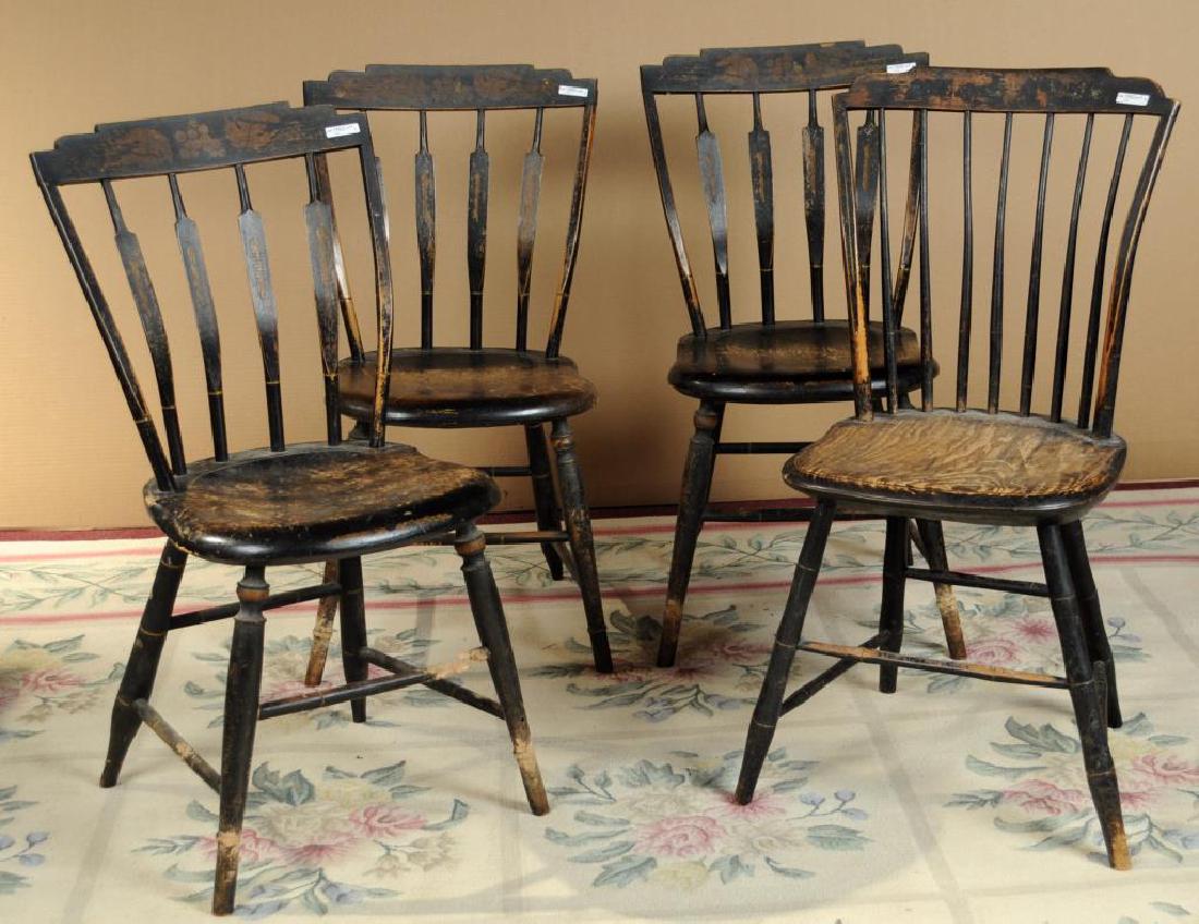 Assembled Group Four Stenciled Step Down Windsors: Assembled group four Windsors comprising three matching and one odd, all with step down crests and similar stencil decoration, and loss of paint on seats, wear to legs, looseness, break to one front s