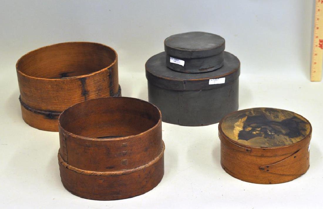 Group Five American Bentwood Boxes & Sifters: Group of five American bentwood boxes and sifters. Largest: 5 1/2" high, 10 1/4" wide. Smallest: 2 1/2" high, 5 3/4" wide. Provenance: Property of a Westchester County NY Private Collector.
