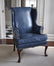 Queen Anne Style Blue Leather Wing Chair