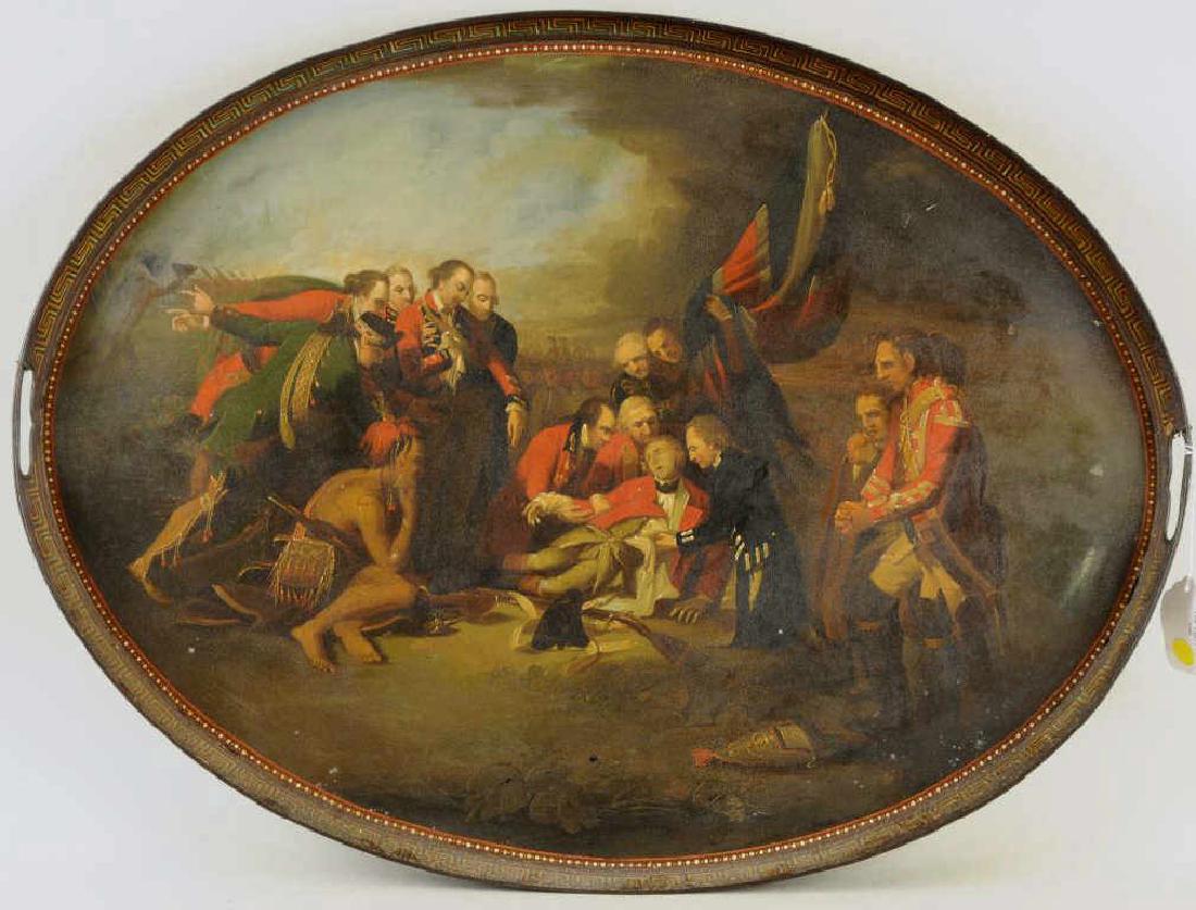 Toleware Oval Tray Depicting Death of Gen. Wolfe: after B. West (English, early 19th C), painted with historical scene of the death of General Wolfe at Quebec after the painting by Benjamin West, 1771 in the National Gallery of Canada. The tray with