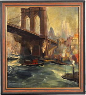 Arnold Hoffmann "Brooklyn Bridge" O/C: (Russian/American, 1886-1966), signed, dated lower right "1936". Horizontal scratch through upper part of bridge, three scratches through signature, a few small spots. 48" high, 44" wide. 