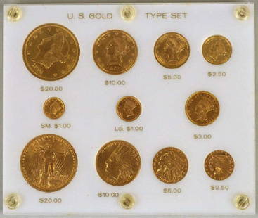 U.S. Gold Eleven Coin Type Set: comprising 1904 double eagle, 1911D double eagle, 1901 eagle, 1926 eagle, 1906 half eagle, 1909 half eagle, 1855 quarter eagle, 1926 quarter eagle, 1874 three dollar, 1873 one dollar, and 1852 one dol