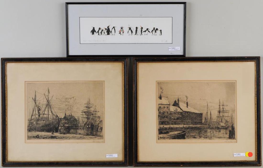 Frederick Leo Hunter, Etchings: (American, 1858-1943) "Peck Slip, NY, NY" and "Untitled" signed in plate and in pencil lower right, together with a colored etching of penguins titled, signed, numbered in pencil "Angie 49/500". Frame