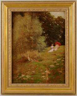 Henry Rankin Poore "Ladies And Birches" O/C: (American, 1859-1940), signed lower left. Restoration. 20" high, 16 1/2" wide. Provenance: A Greenwich CT Estate.