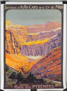 Vintage French "Route Des Pyrenees" Travel Poster: designed by Roger Soubie, publisher F. Baudelot, Paris. Cloth backing. Horizontal crease at top, small tear upper right edge, small loss, toning, a couple small dark spots in sky. 42" high, 30" wide.