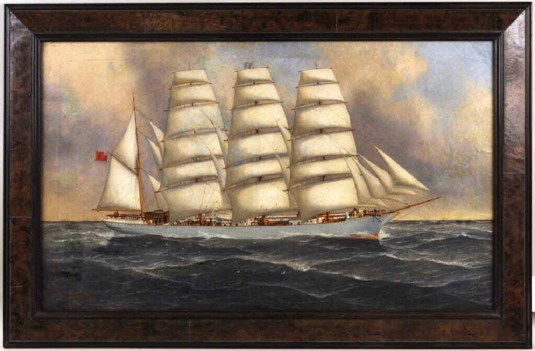 John Henry Mohrmann, "British Ship At Sea" O/C: (American/Canadian, 1857-1916), signed lower left. Crazing, restoration. 29 1/2" high, 45 3/4" wide.