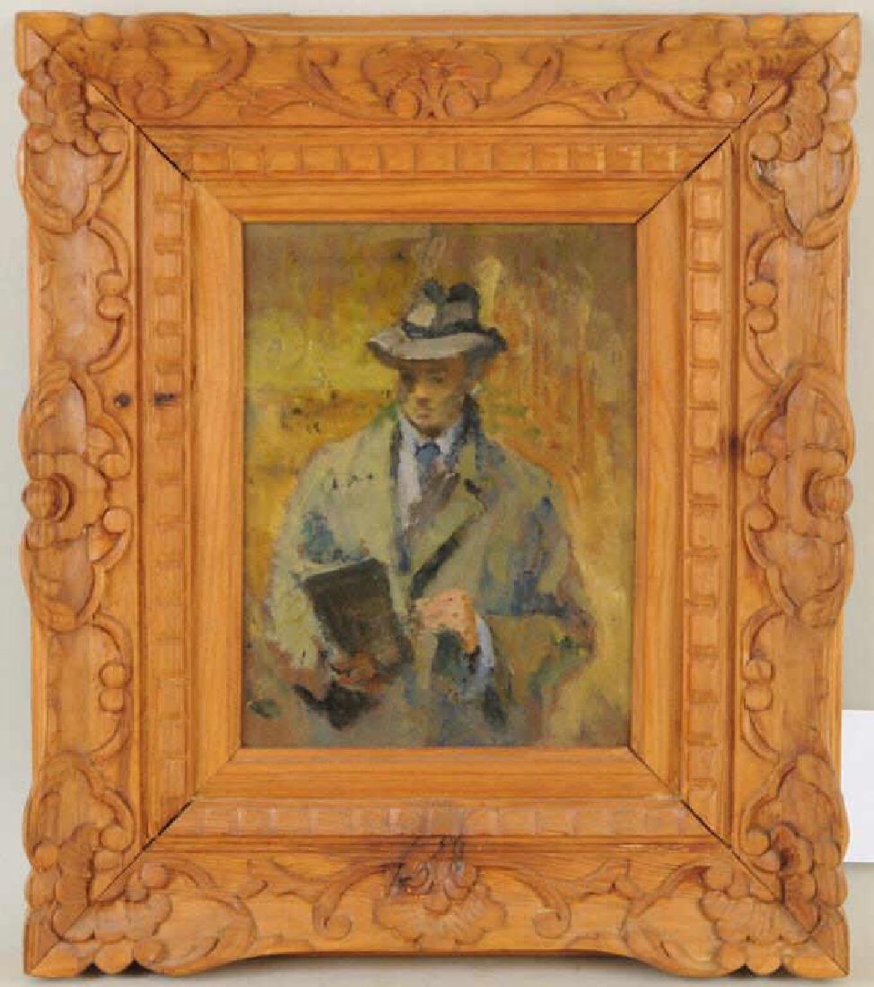 Poss. Moses Soyer "Gentleman In Hat" O/B: half length composition with gentleman in a hat and trench coat, unsigned, 18" by 15 1/2" overall.