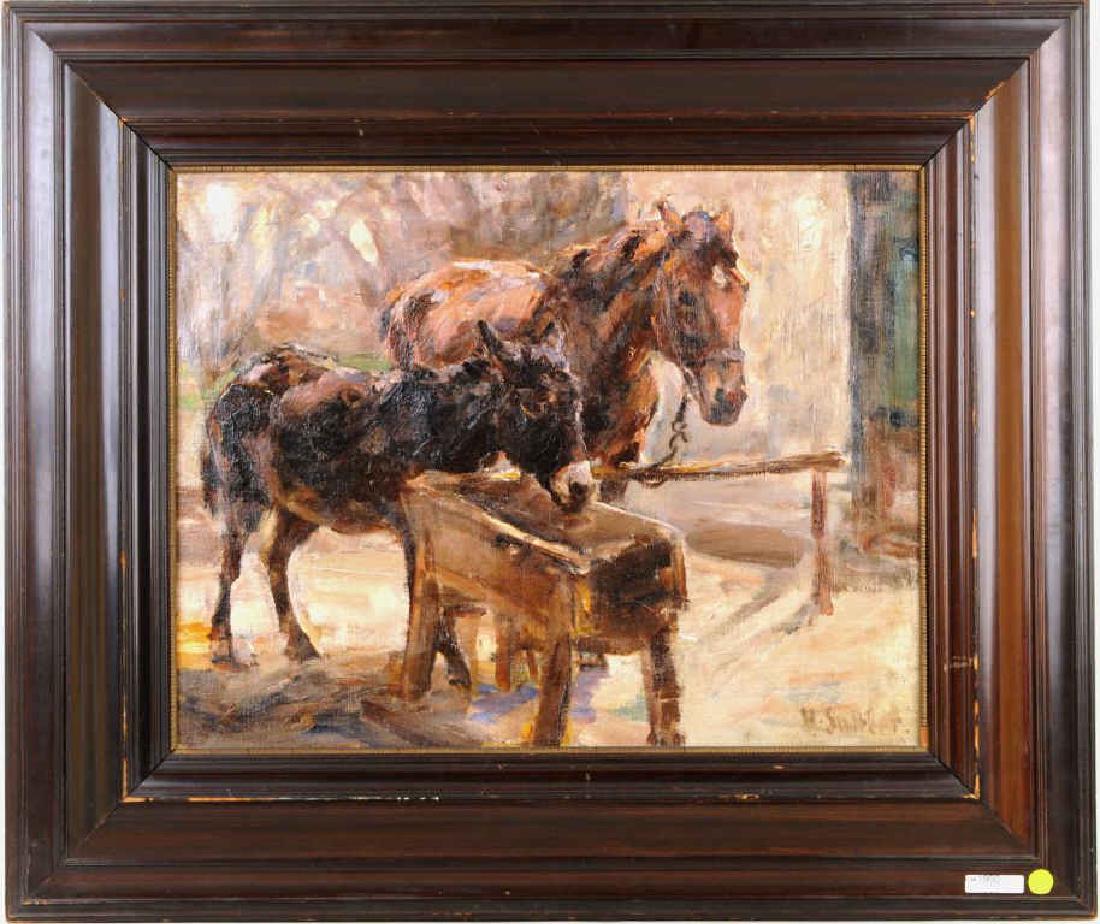 Hermann Sattler "Horse & Donkey At Trough" O/C: (German, 1892-1945), signed indistinctly lower right, signed, titled? indistinctly verso on stretcher. Restoration. 28" high, 33" wide. Provenance: A Greenwich CT Estate.