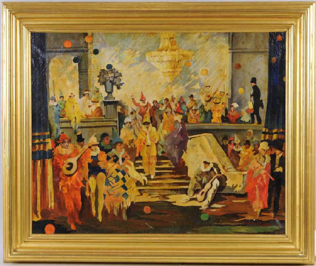 Mid Century School "Clown Fete" Oil On Canvas (1 of 6)
