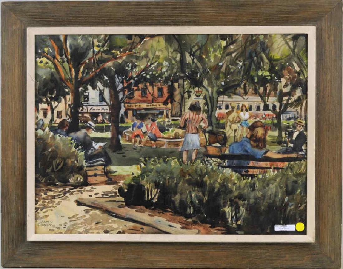 James Carlin "The Park" Watercolor On Paper: (American, 1906-2005), signed lower left. 24" high, 29 1/2" wide. Provenance: A Greenwich CT Estate.