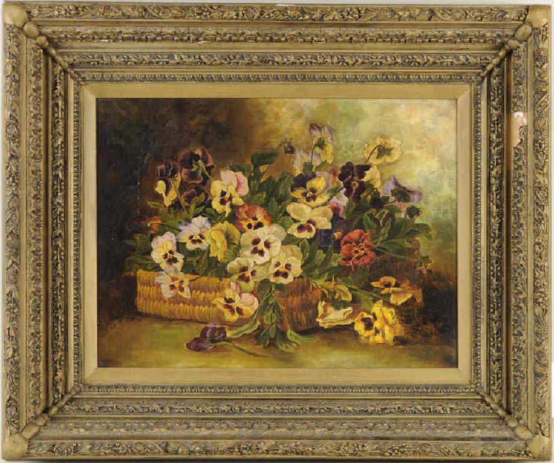 American School "Still Life Pansies in Basket" O/C (1 of 6)