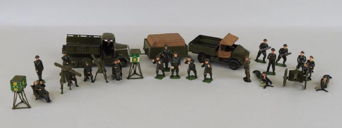 Britains Post War Mixed Lot: including WWII khaki figures in various positions, some with equipment including No. 1728 Predictor with operator, No. 1731 spotting chair, 1729 height finder with operator, 1730 team of gunners carry
