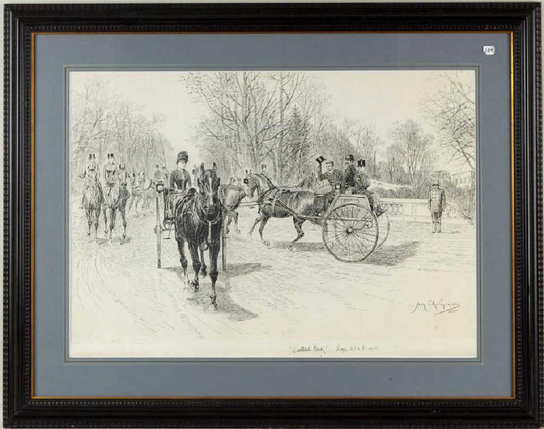 Jan Van Chelminski "Central Park" Pen & Ink: illustration on paper, signed, dated lower right "1885." Framed, not examined out of frame. A few small stains, small dark spots. 31" high, 39 1/2" wide. Provenance: A Greenwich CT Estate.