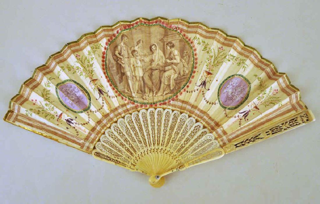 Harriet Beecher Stowe Family Att. Hand Painted Fan: with bone sticks. Stains, soiling, small edge tears, small losses. 9" long, 16" wide (open). Provenance: purchased from Sage auctions 8/84.