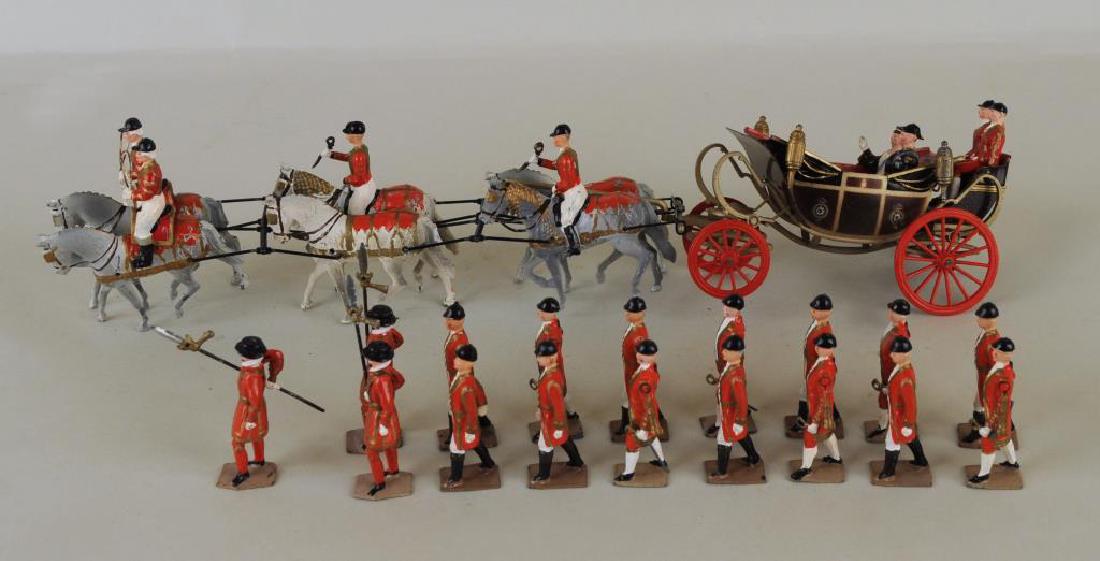 Post-War State Open Landau With Team: 6 Windsor Greys, Her Majesty the Queen and His Royal Highness The Duke of Edinburgh. (Made 1954-67). Paint loss to Landau, one wheel missing, other one in excellent paint; four postilion drivers (two 