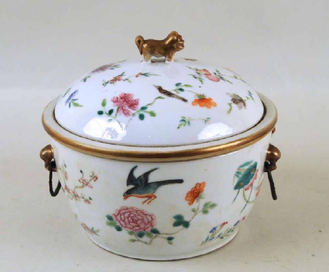 Chinese Porcelain Warming Dish/Tureen with Cover: having bird and blossoms decoration, Yong Zheng seal mark to underside. Very minor imperfections in glaze. 6" high, 7" diameter. Provenance: Dale Carnegie Collection.