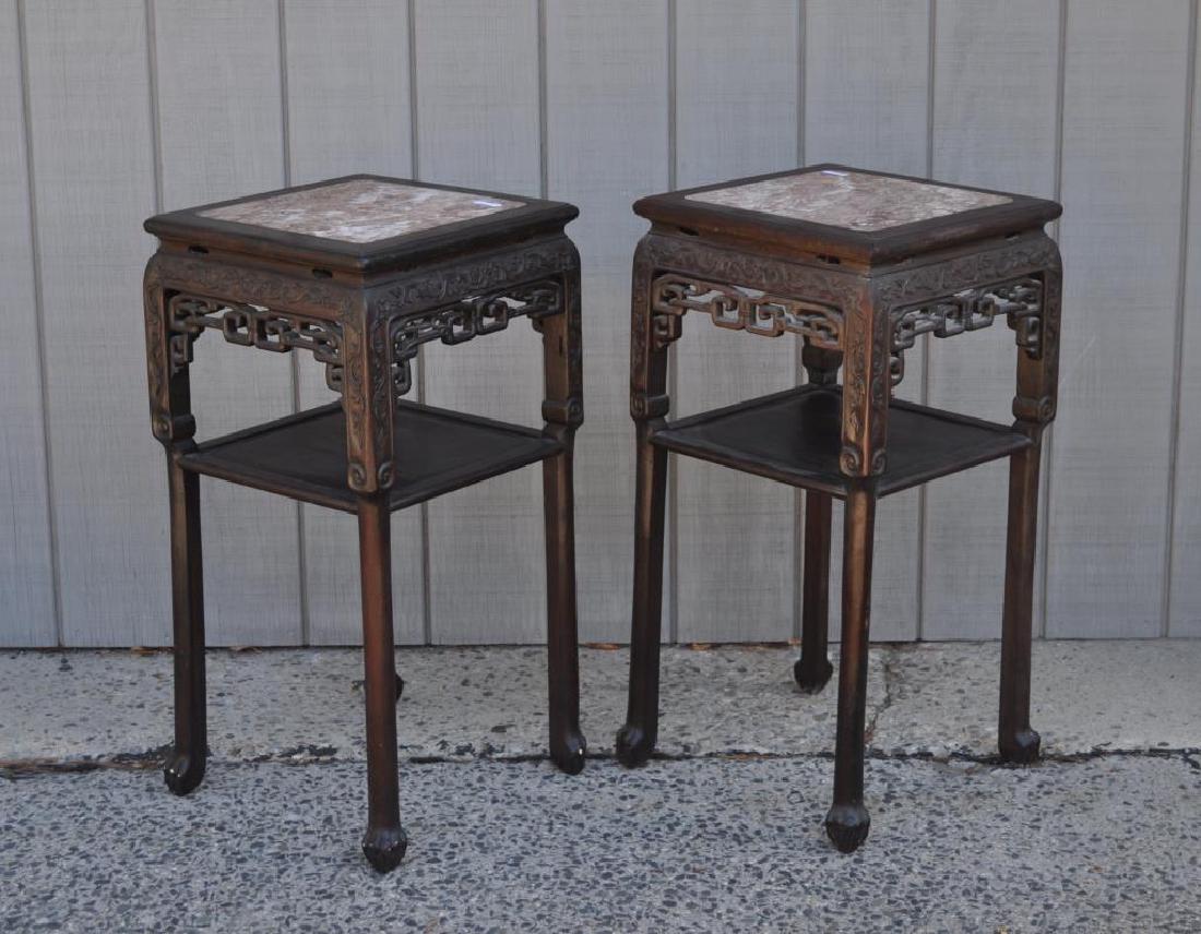 Pair Chinese Carved Hardwood Marble Top Stands (1 of 10)