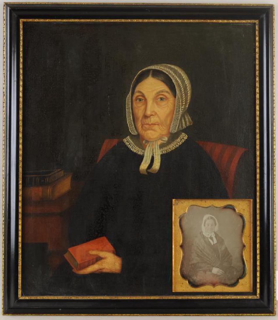Amer. Folk Art Portrait Mother - Gertrude Schuyler: said to be the mother of Gertrude Schuyler, oil on canvas, unsigned, together with a daguerreotype of sitter. Relined, alligatoring of varnish, a few small losses. 32" high, 28" wide.